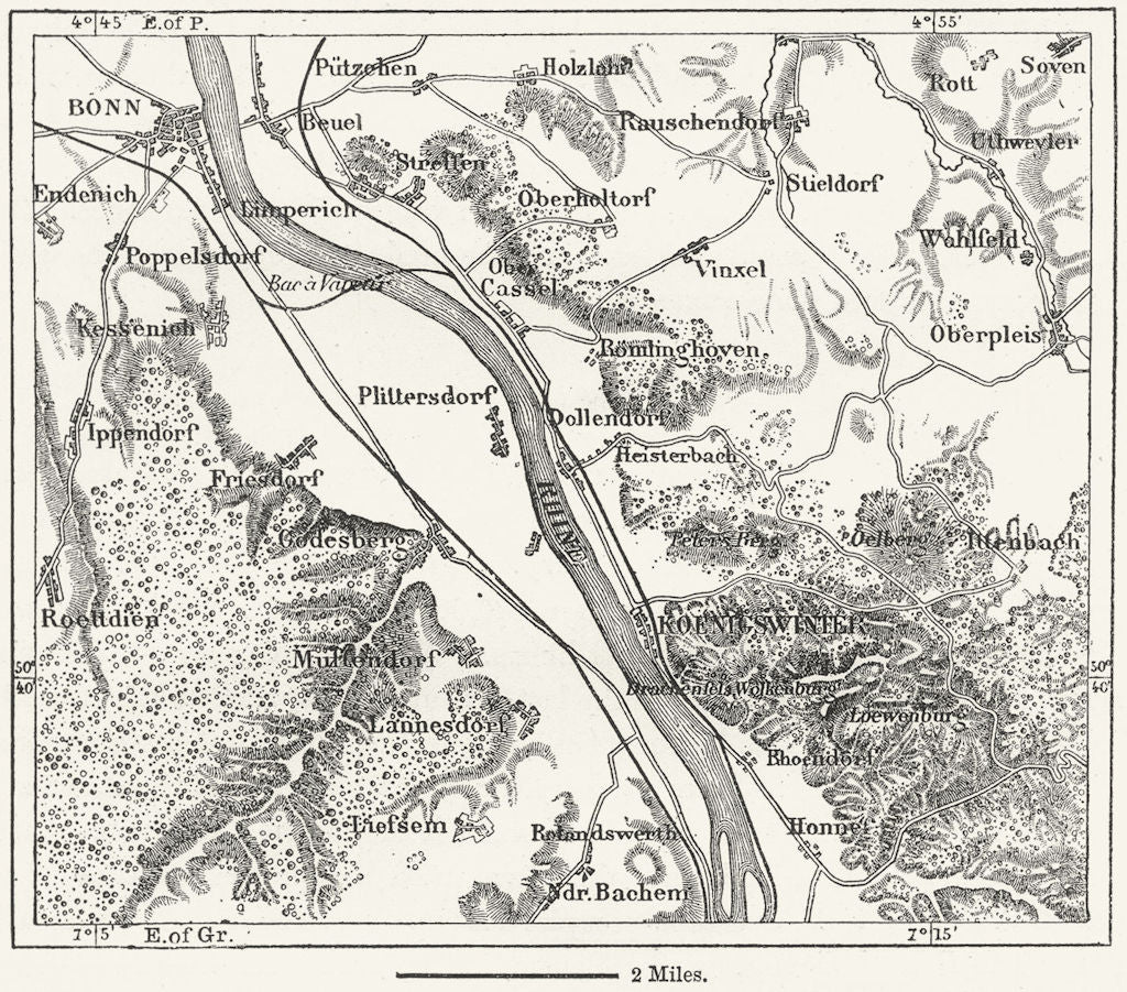 GERMANY. Siebengebirge, 7 Mountains, sketch map c1885 old antique chart